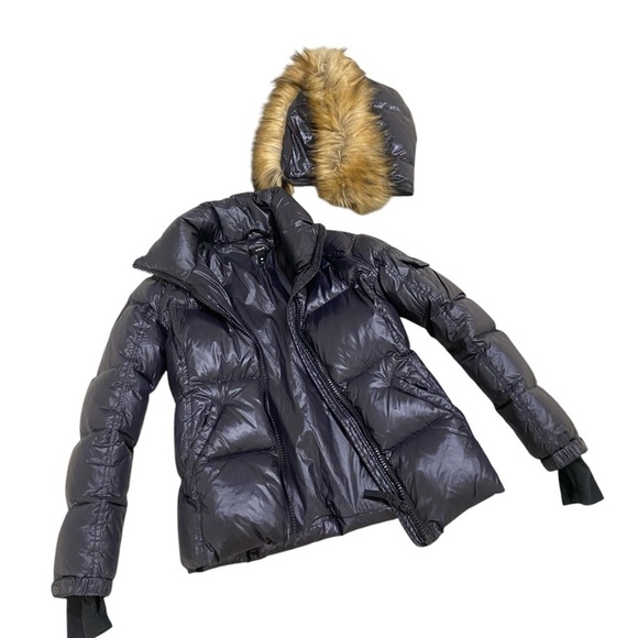 Aqua black puffer zip up jacket detachable faux tan fur trimmed hoodie small - Picture 3 of 16